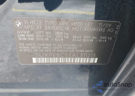 2010 BMW X5 xDrive48I from USA, damaged, VIN 5UXFE8C53AL311213